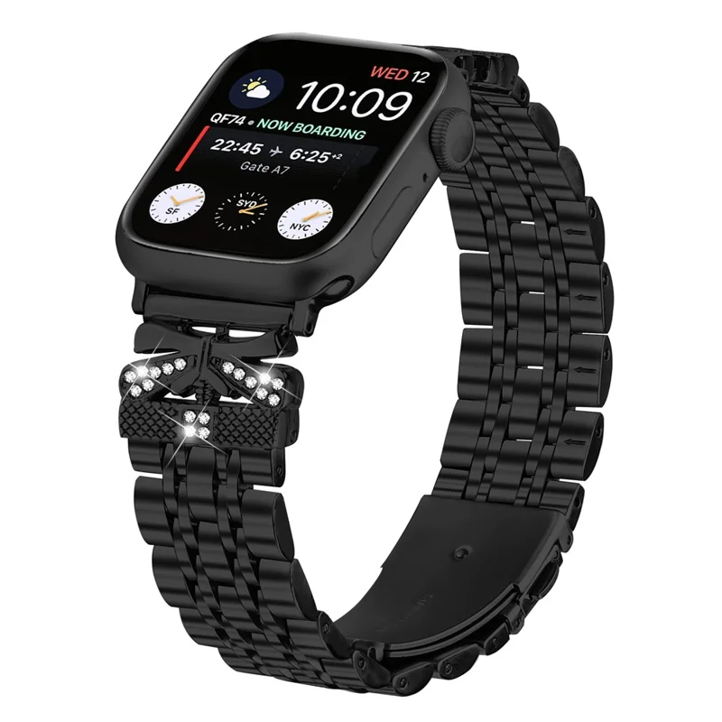 Watch Strap for Apple Watch Series 10 Ultra 9 8 7 SE 6 5 4 3 2 1 46mm 49mm 45mm 44mm 42mm Rhinestone Butterfly Decor Stainless Steel Band - Black