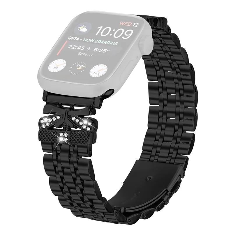Watch Strap for Apple Watch Series 11 10 42mm / 9 8 7 41mm / SE3 SE2 SE 6 5 4 40mm / 3 2 1 38mm Rhinestone Butterfly Decor Stainless Steel Band - Black