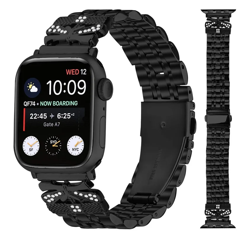 Watch Strap for Apple Watch Series 11 10 42mm / 9 8 7 41mm / SE3 SE2 SE 6 5 4 40mm / 3 2 1 38mm Rhinestone Butterfly Decor Stainless Steel Band - Black