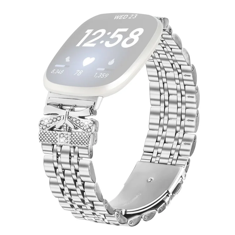 For Fitbit Versa 3 / Sense Metal Watch Band Rhinestone Butterfly Decor Stainless Steel Silver Wrist Band