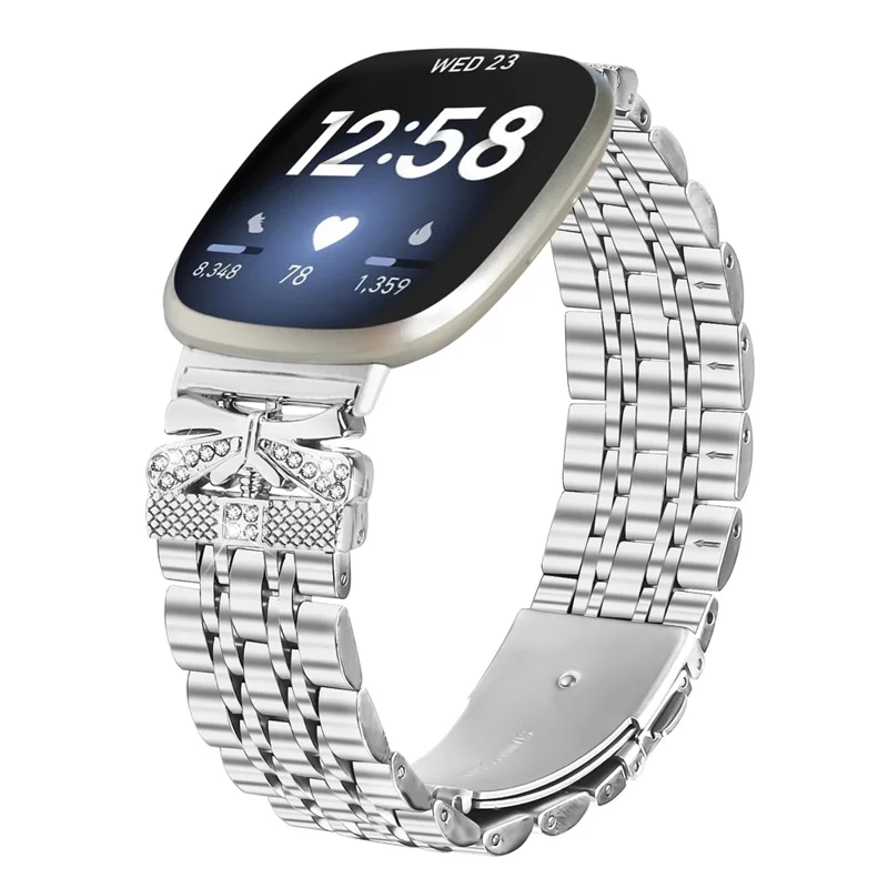 For Fitbit Versa 3 / Sense Metal Watch Band Rhinestone Butterfly Decor Stainless Steel Silver Wrist Band