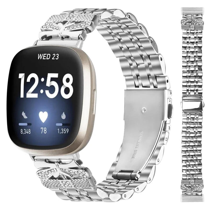 For Fitbit Versa 3 / Sense Metal Watch Band Rhinestone Butterfly Decor Stainless Steel Silver Wrist Band
