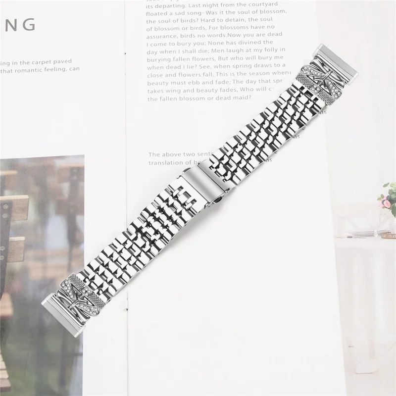 For Fitbit Versa 3 / Sense Metal Watch Band Rhinestone Butterfly Decor Stainless Steel Silver Wrist Band
