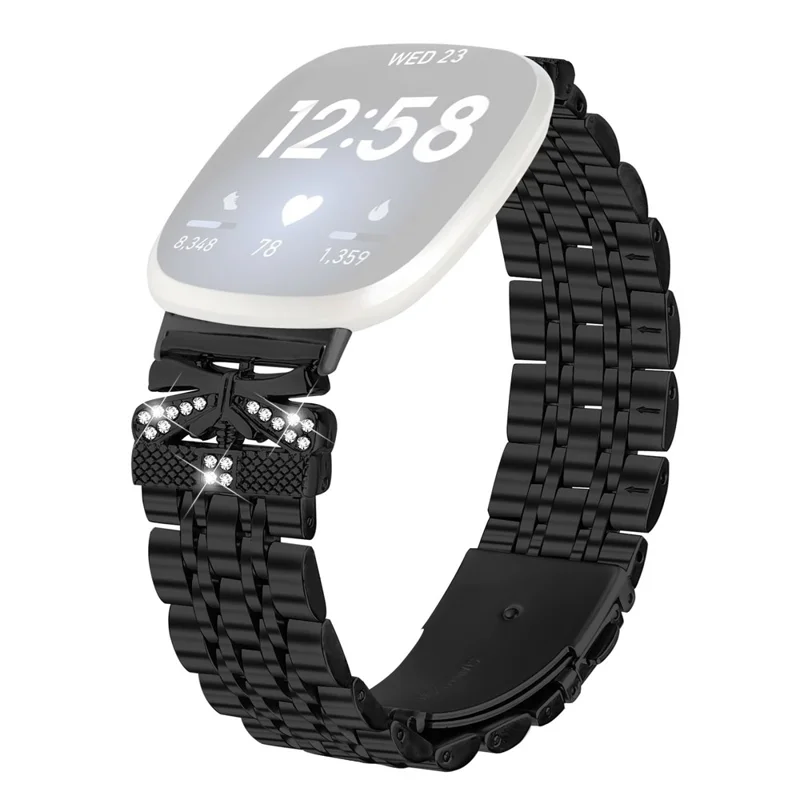 For Fitbit Versa 3 / Sense Watch Strap Rhinestone Butterfly Decor Stainless Steel Band - Black