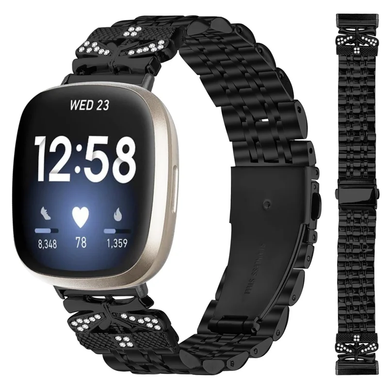 For Fitbit Versa 3 / Sense Watch Strap Rhinestone Butterfly Decor Stainless Steel Band - Black