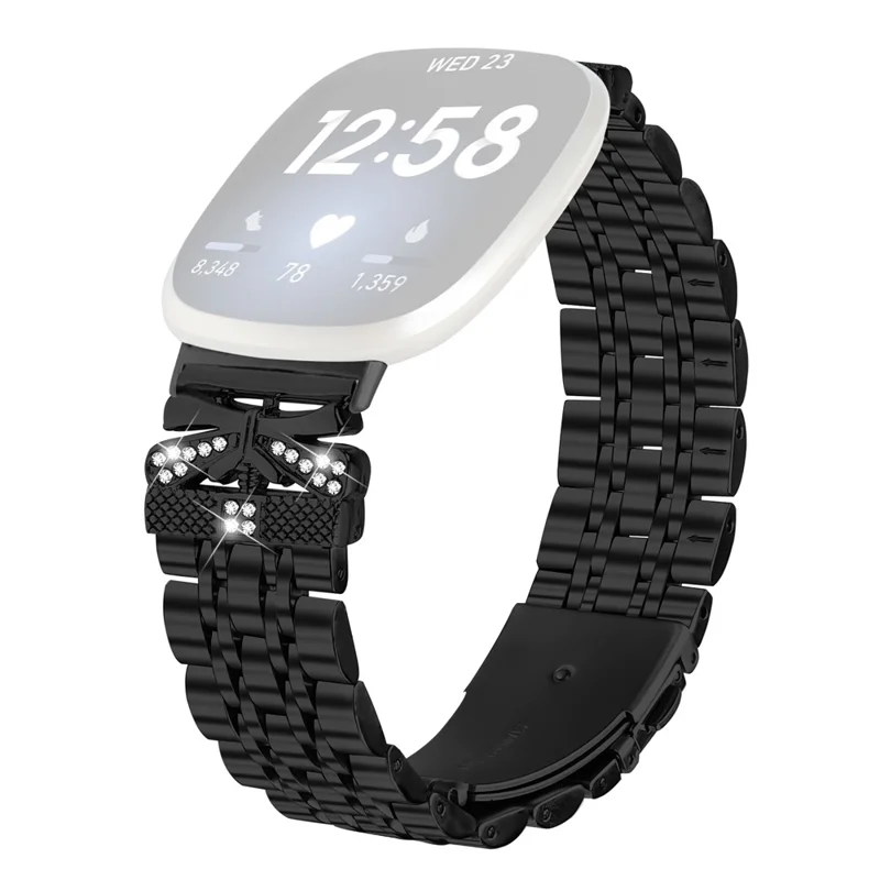 For Fitbit Versa 4 / Sense 2 Watch Strap Rhinestone Butterfly Decor Stainless Steel Band - Black