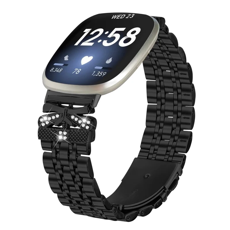 For Fitbit Versa 4 / Sense 2 Watch Strap Rhinestone Butterfly Decor Stainless Steel Band - Black
