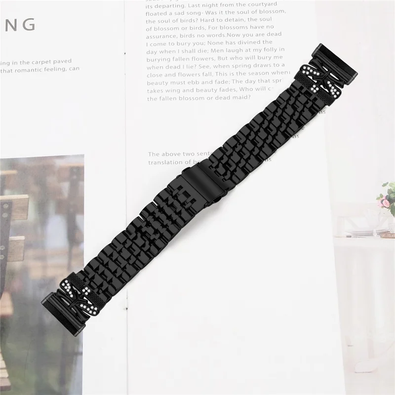 For Fitbit Versa 4 / Sense 2 Watch Strap Rhinestone Butterfly Decor Stainless Steel Band - Black