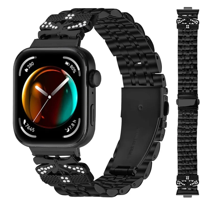 Watch Strap for Huawei Watch Fit 4 Pro / 4 / 3 Rhinestone Butterfly Decor Stainless Steel Band - Black