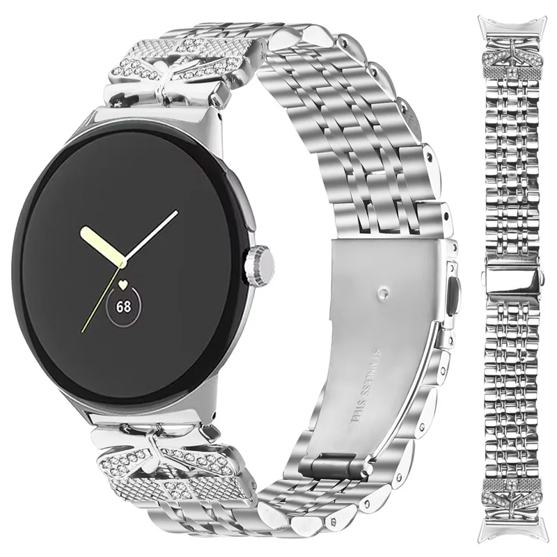 Metallarmband für Google Pixel Watch 3 41 mm / Watch 2 / Watch, Strass-Schmetterlings-Dekor, Edelstahl, silbernes Armband