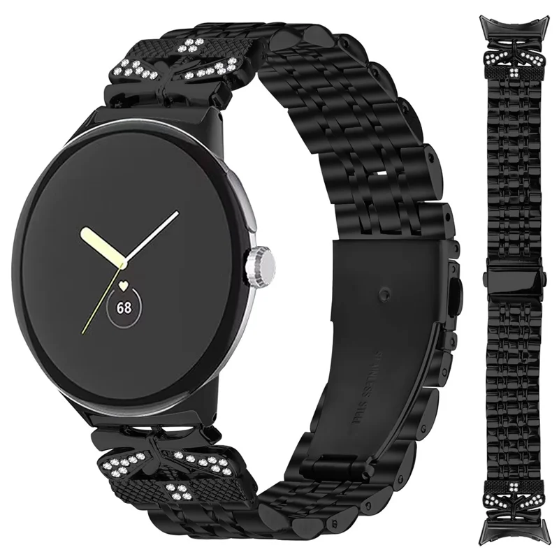 Armband für Google Pixel Watch 3 41 mm / Watch 2 / Watch, mit Strass-Schmetterlings-Verzierung, Edelstahlarmband – Schwarz