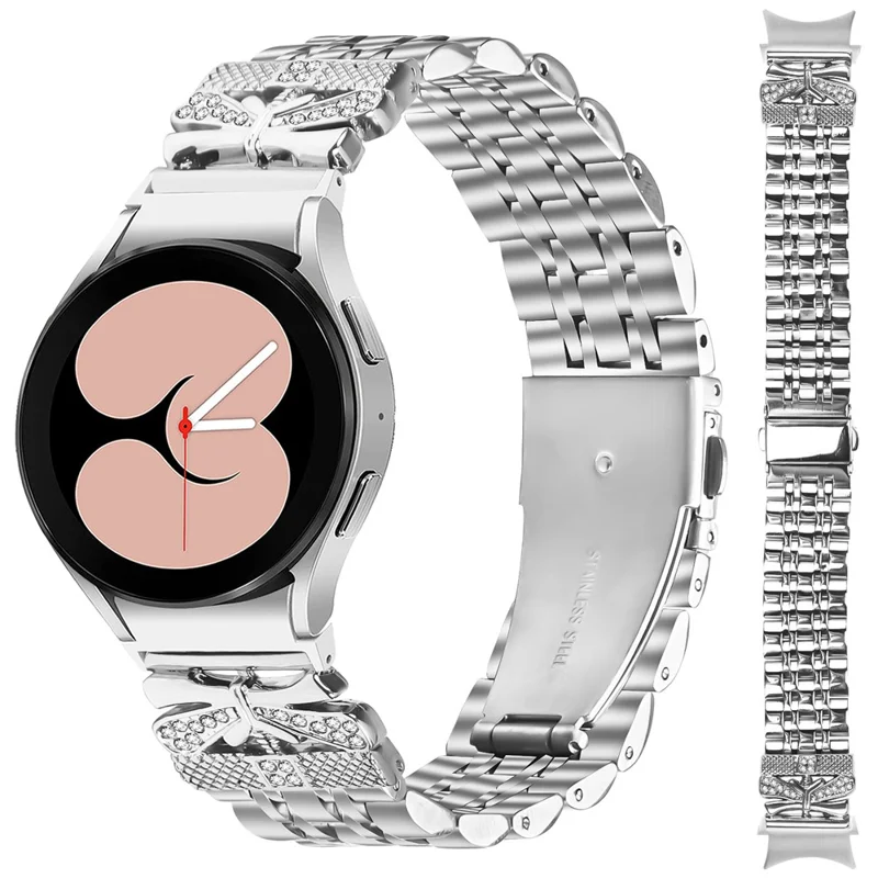 Silver Metal Strap with Connector for Samsung Galaxy Watch7 44mm / 40mm Butterfly Rhinestones Decor 7-Bead Watch Band