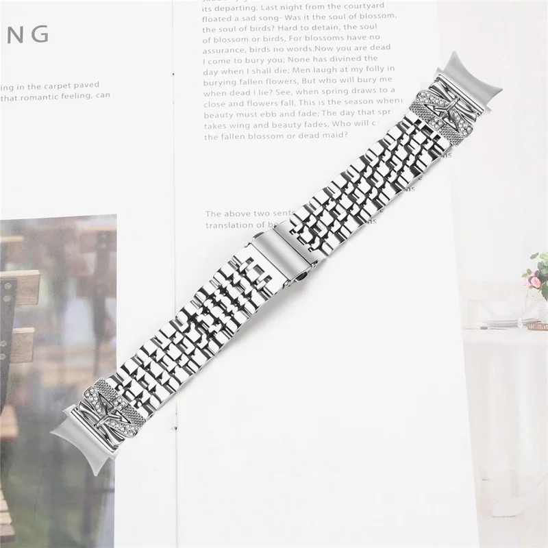 Silver Metal Strap with Quick Release Connector for Samsung Galaxy Watch7 44mm  /  40mm Butterfly Rhinestones Decor 7-Bead Watch Band