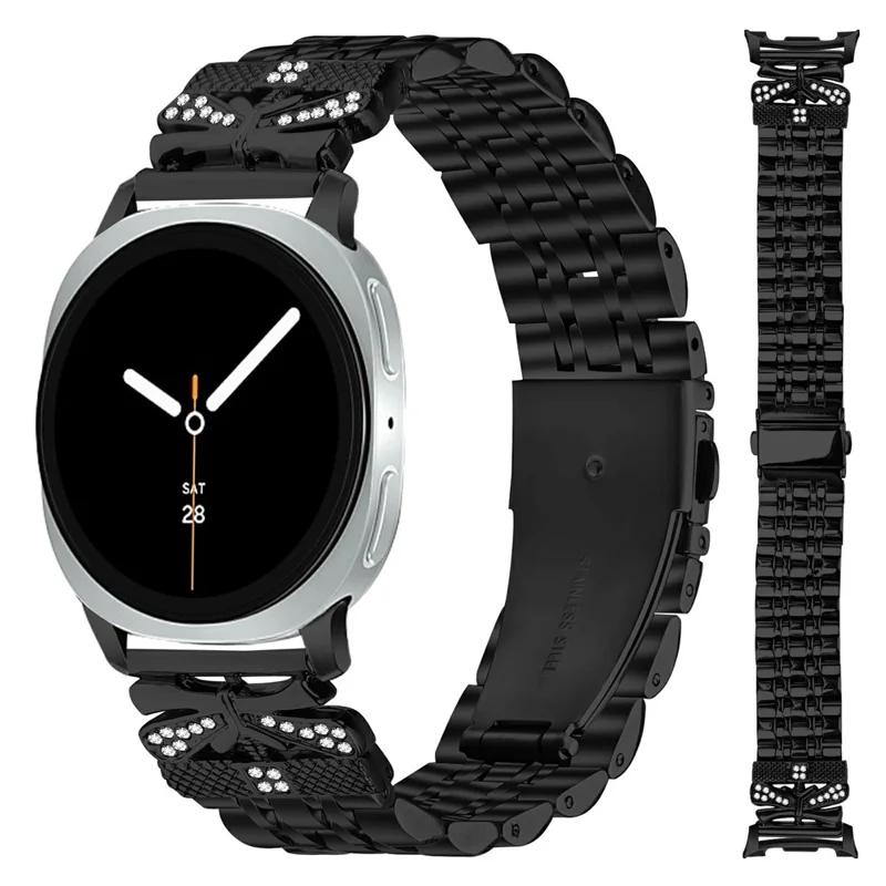 Watch Strap for Samsung Galaxy Watch8 44mm / 40mm / 8 Classic 46mm Rhinestone Butterfly Decor Stainless Steel Band - Black
