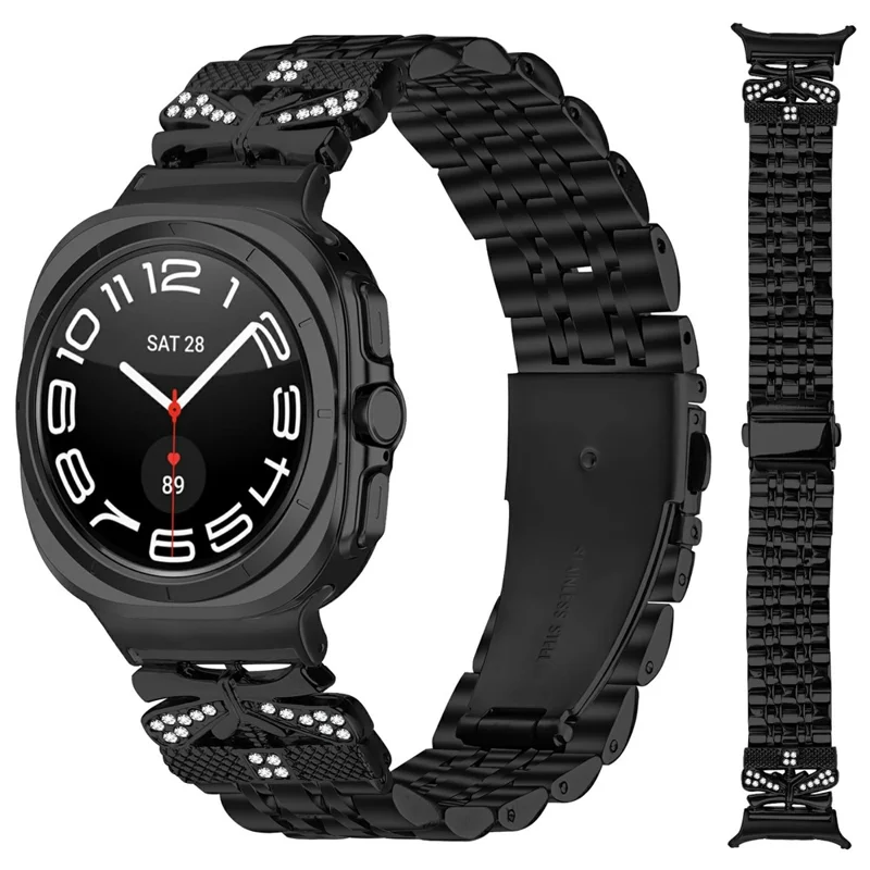 Watch Strap for Samsung Galaxy Watch Ultra (2025) 47mm / Ultra 47mm Rhinestone Butterfly Decor Stainless Steel Band - Black