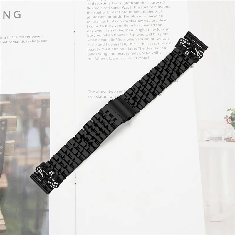 Watch Strap for Garmin D2 Air X10 / Bounce / vivoactive 5 / GarminActive 5 / vivomove Trend Rhinestone Butterfly Decor Stainless Steel Band - Black