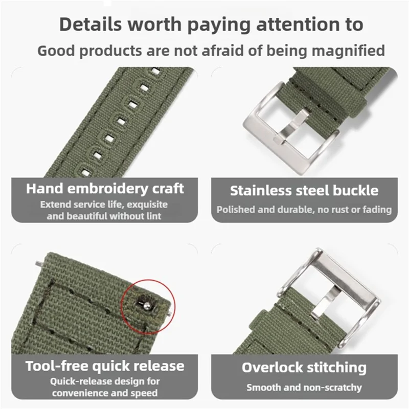 Bracelet de montre 22 mm pour Samsung Galaxy Watch3 45 mm, bracelet en toile avec boucle à ardillon - vert armée