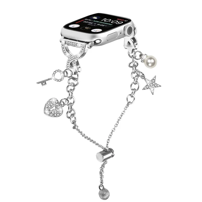 Silver Single Chain Style Watchband for Apple Watch Ultra 3 2 1 49mm / Series 11 10 46mm / 9 8 7 45mm / SE3 SE2 SE 6 5 4 44mm / 3 2 1 42mm Metal Sliding Strap