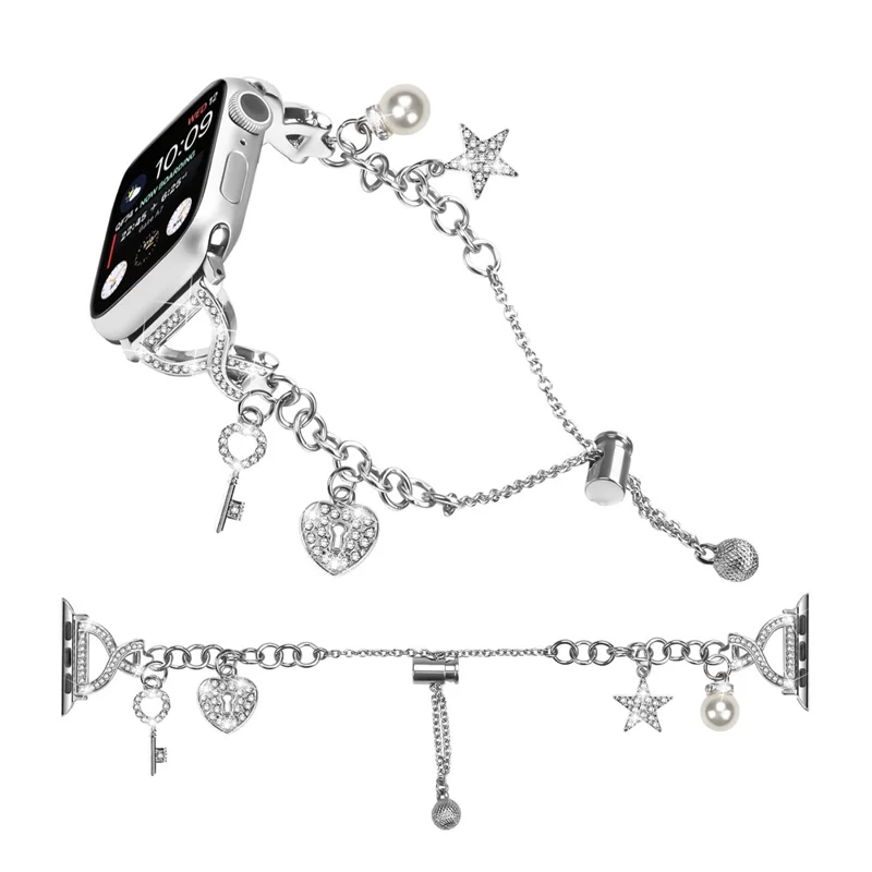 Silver Single Chain Style Watchband for Apple Watch Ultra 3 2 1 49mm / Series 11 10 46mm / 9 8 7 45mm / SE3 SE2 SE 6 5 4 44mm / 3 2 1 42mm Metal Sliding Strap