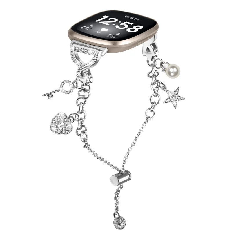 For Fitbit Versa 4 / Sense 2 Silver Single Chain Style Watchband Metal Sliding Bracelet Strap with Heart / Key Pendant