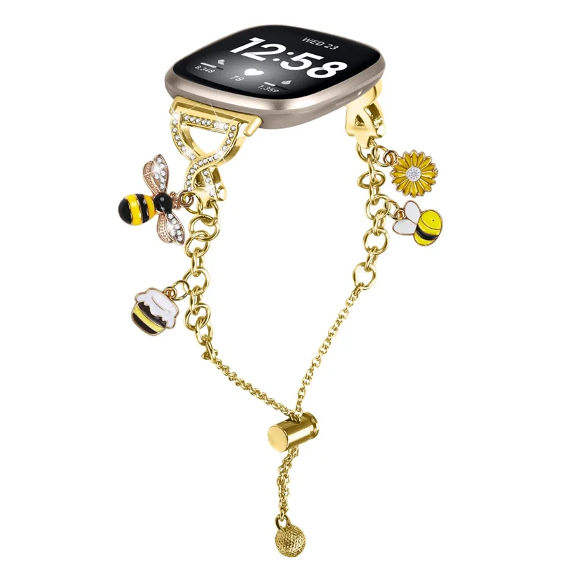 For Fitbit Versa 4 / Sense 2 Electroplated Single Chain Style Watchband Metal Sliding Bracelet Strap with Heart / Key Pendant - Gold