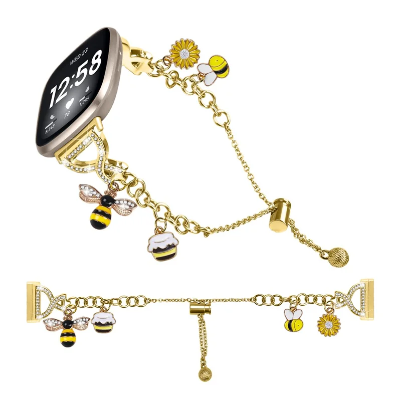 For Fitbit Versa 4 / Sense 2 Electroplated Single Chain Style Watchband Metal Sliding Bracelet Strap with Heart / Key Pendant - Gold