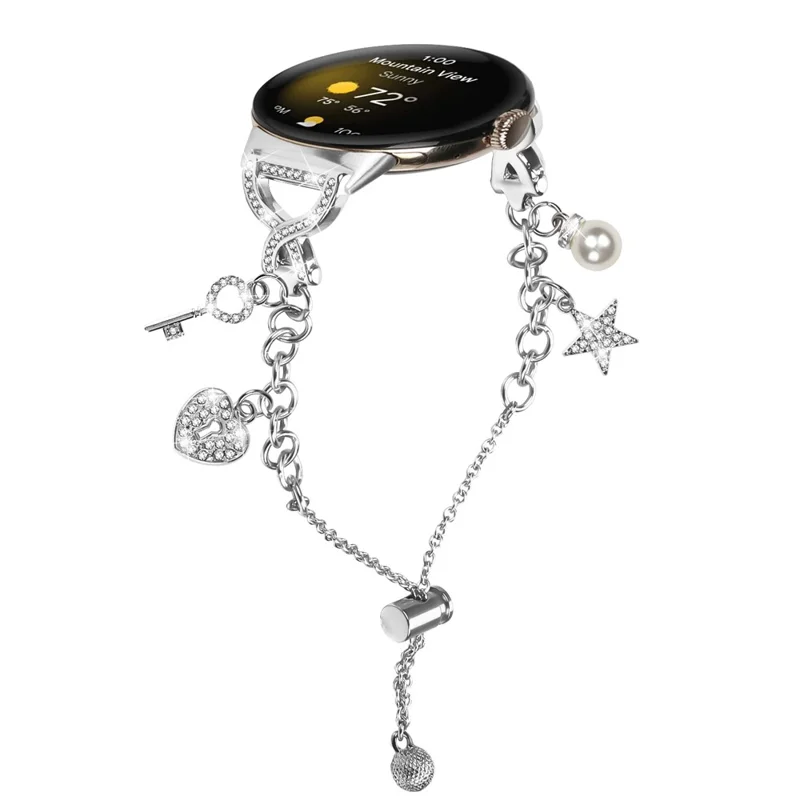 Silver Single Chain Style Watchband for Google Pixel Watch 4 41mm / Watch 3 41mm / Watch 2 / Watch Metal Sliding Bracelet Strap with Heart / Key Pendant