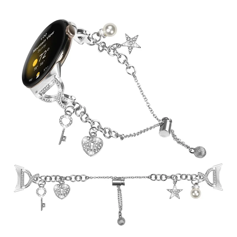 Silver Single Chain Style Watchband for Google Pixel Watch 4 41mm / Watch 3 41mm / Watch 2 / Watch Metal Sliding Bracelet Strap with Heart / Key Pendant