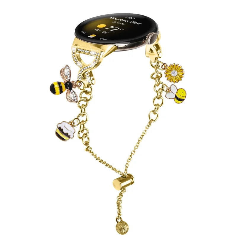 Galvanisiertes Einzelkettenglied-Armband für Google Pixel Watch 4 41 mm / Watch 3 41 mm / Watch 2 / Watch Metall-Schiebe-Armband mit Herz-/Schlüssel-Anhänger – Gold