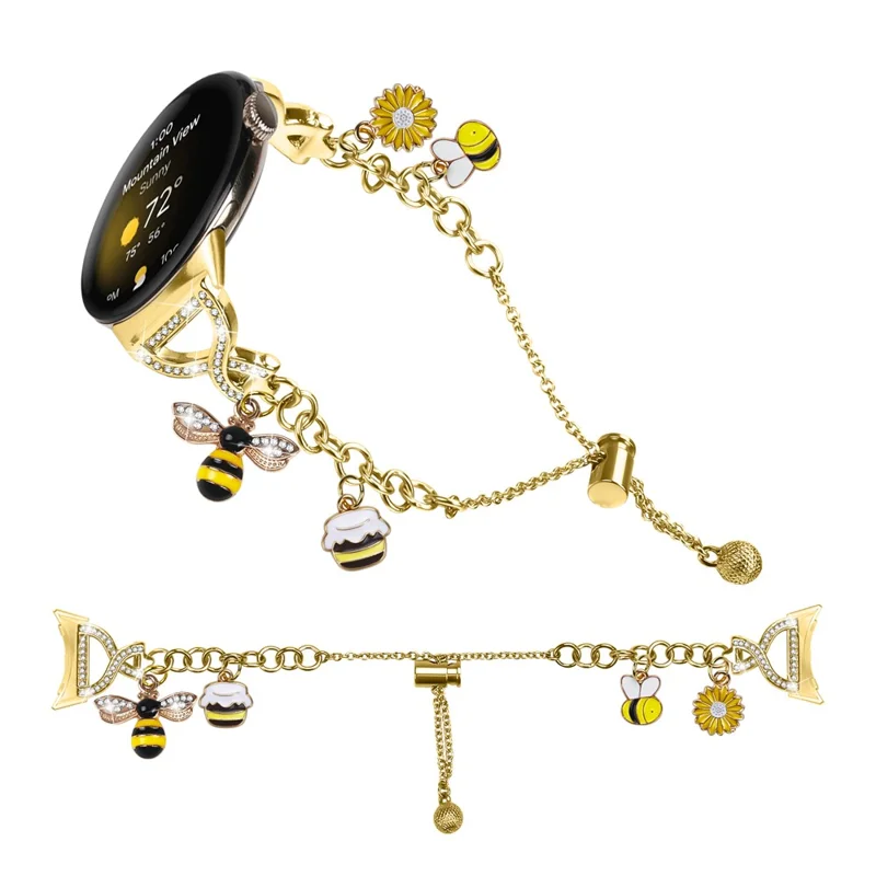 Galvanisiertes Einzelkettenglied-Armband für Google Pixel Watch 4 41 mm / Watch 3 41 mm / Watch 2 / Watch Metall-Schiebe-Armband mit Herz-/Schlüssel-Anhänger – Gold