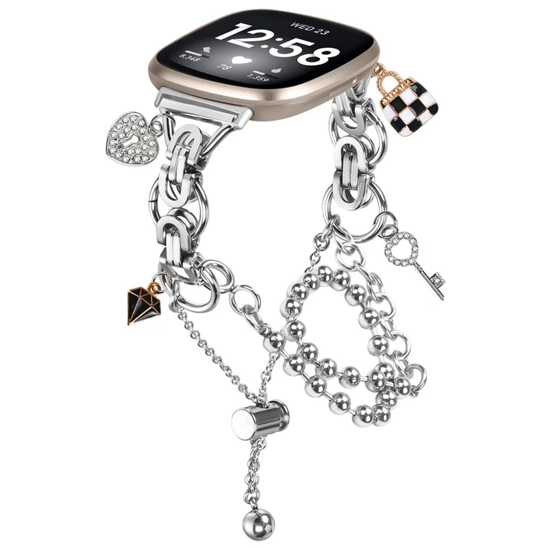 Silver Double Chain Link Metal Strap for Fitbit Versa 3 / Sense Watch Band Drawstring Adjustable