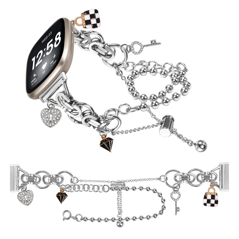 Silver Double Chain Link Metal Strap for Fitbit Versa 3 / Sense Watch Band Drawstring Adjustable