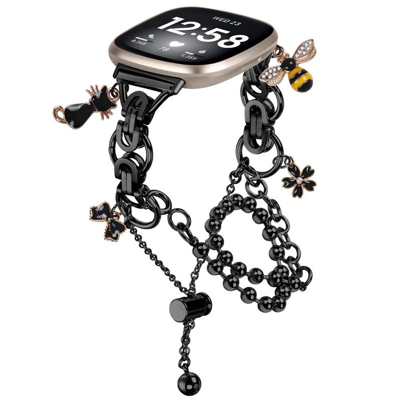 Cinturino in Metallo con Doppia Catena Placcata per Fitbit Versa 3 / Sense, Cinturino Regolabile con Coulisse - Nero