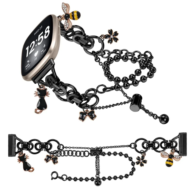 Cinturino in Metallo con Doppia Catena Placcata per Fitbit Versa 3 / Sense, Cinturino Regolabile con Coulisse - Nero