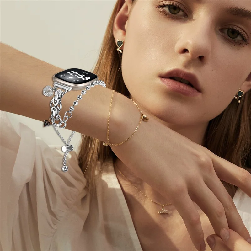 Silver Double Chain Link Metal Strap for Fitbit Versa 4 / Sense 2 Watch Band Drawstring Adjustable