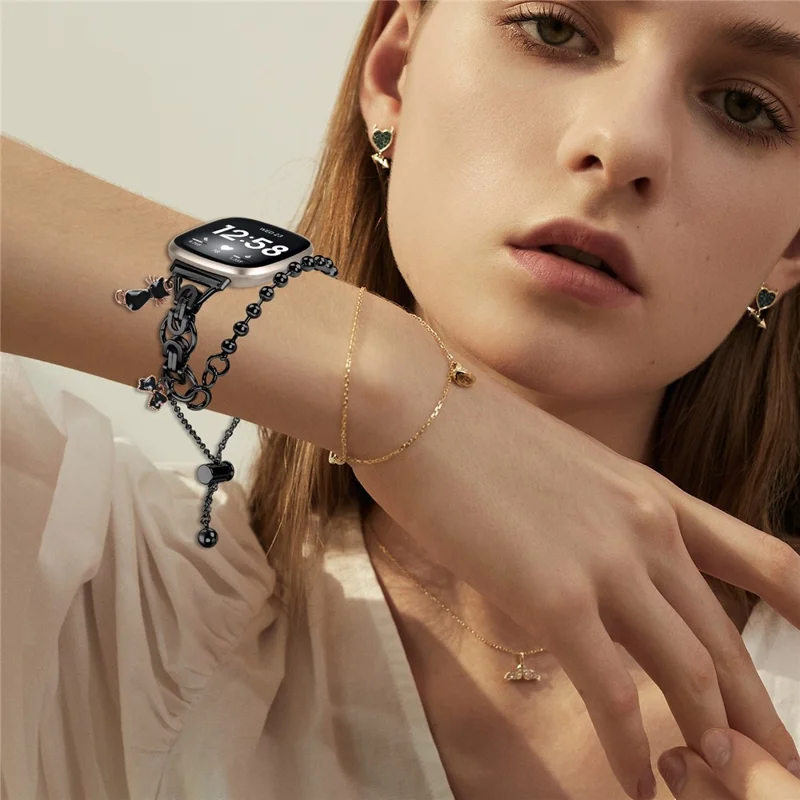 Electroplated Double Chain Link Metal Strap for Fitbit Versa 4 / Sense 2 Watch Band Drawstring Adjustable - Black