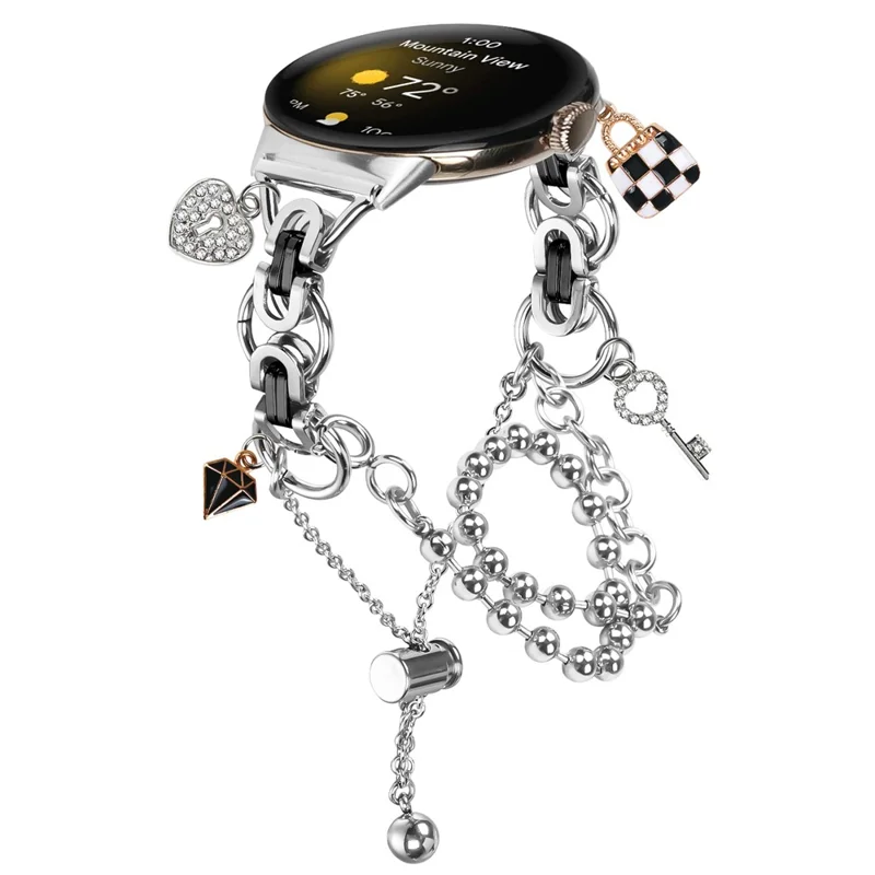 Electroplated Double Chain Link Metal Strap for Google Pixel Watch 3 41mm / Watch 2 / Watch Drawstring Adjustable Watch Band - Silver / Black