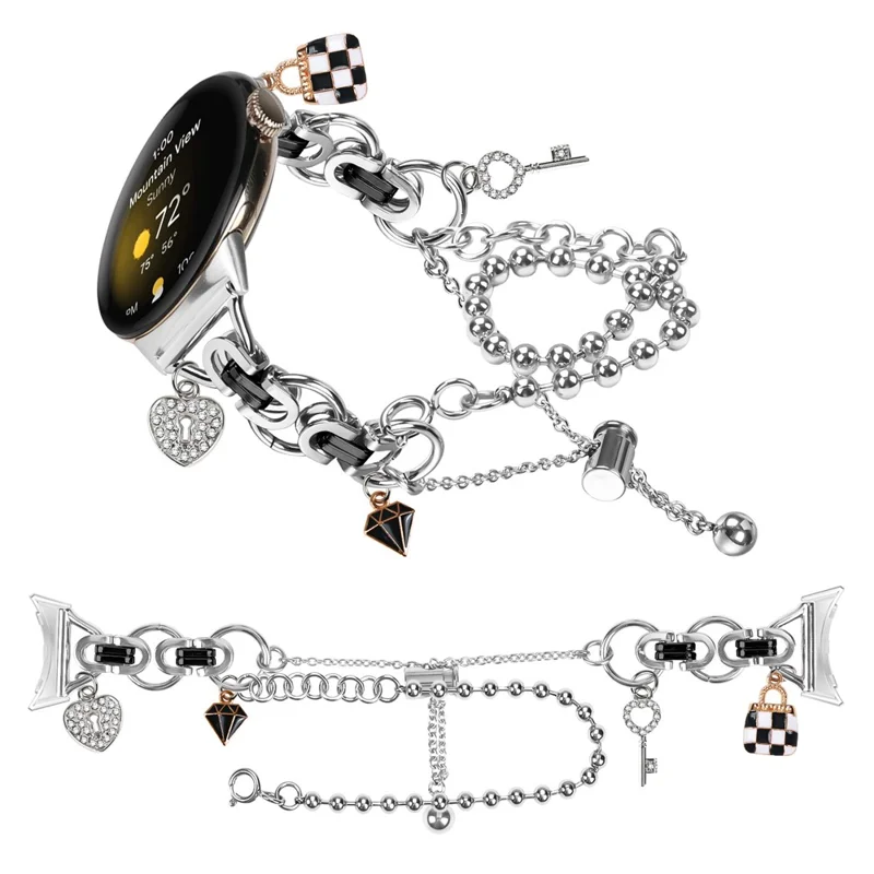 Electroplated Double Chain Link Metal Strap for Google Pixel Watch 3 41mm / Watch 2 / Watch Drawstring Adjustable Watch Band - Silver / Black