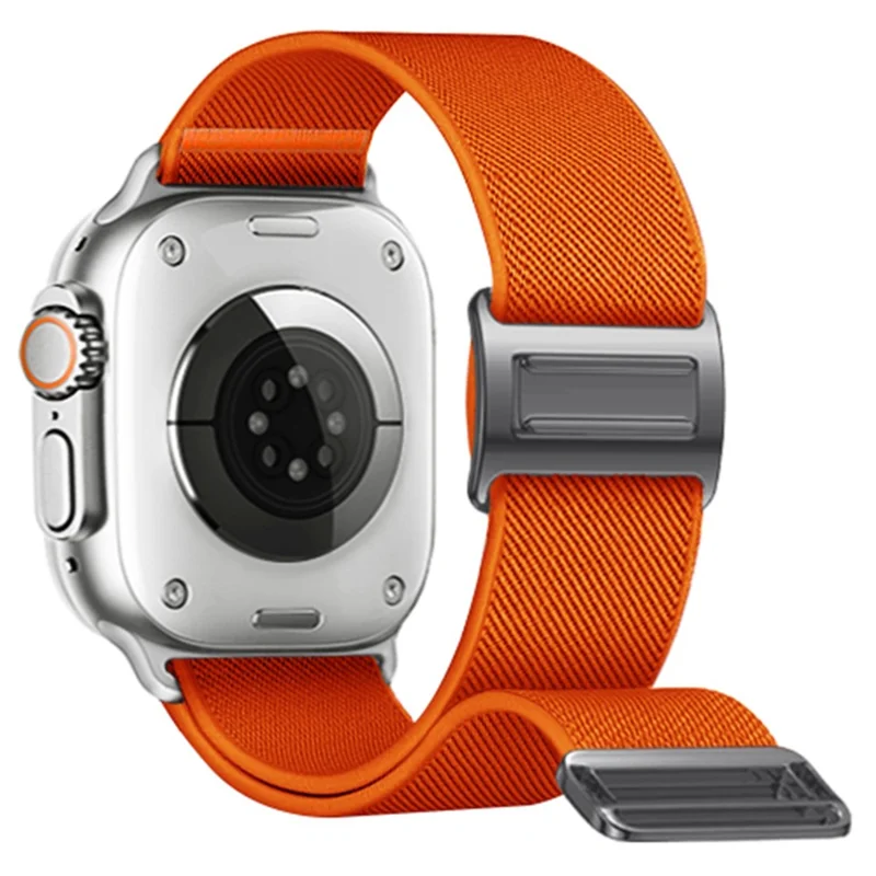 Magnetisches Nylonarmband für Apple Watch Series 11 10 42 mm / 9 8 7 41 mm / SE3 SE2 SE 6 5 4 40 mm / 3 2 1 38 mm, verstellbares elastisches Armband - Orange