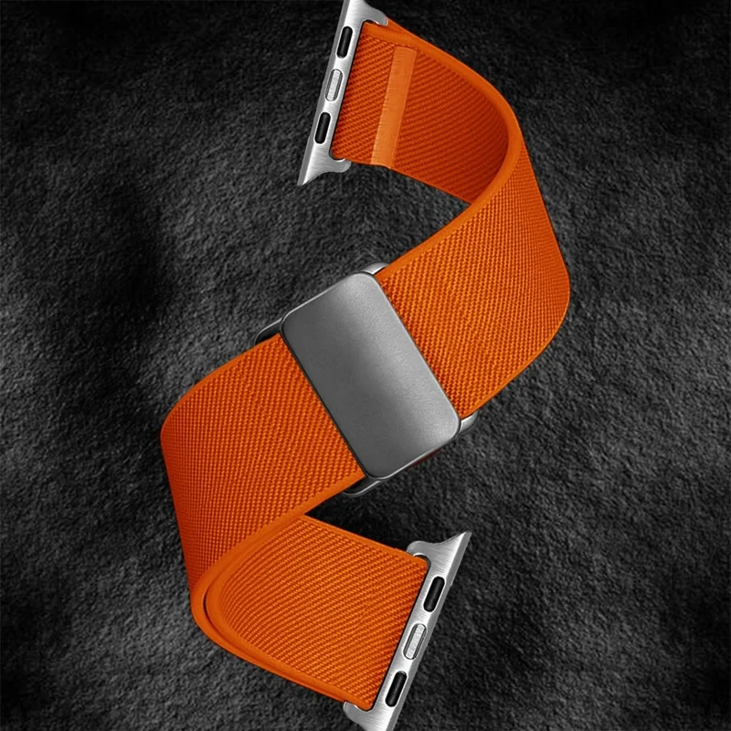Magnetisches Nylonarmband für Apple Watch Series 11 10 42 mm / 9 8 7 41 mm / SE3 SE2 SE 6 5 4 40 mm / 3 2 1 38 mm, verstellbares elastisches Armband - Orange