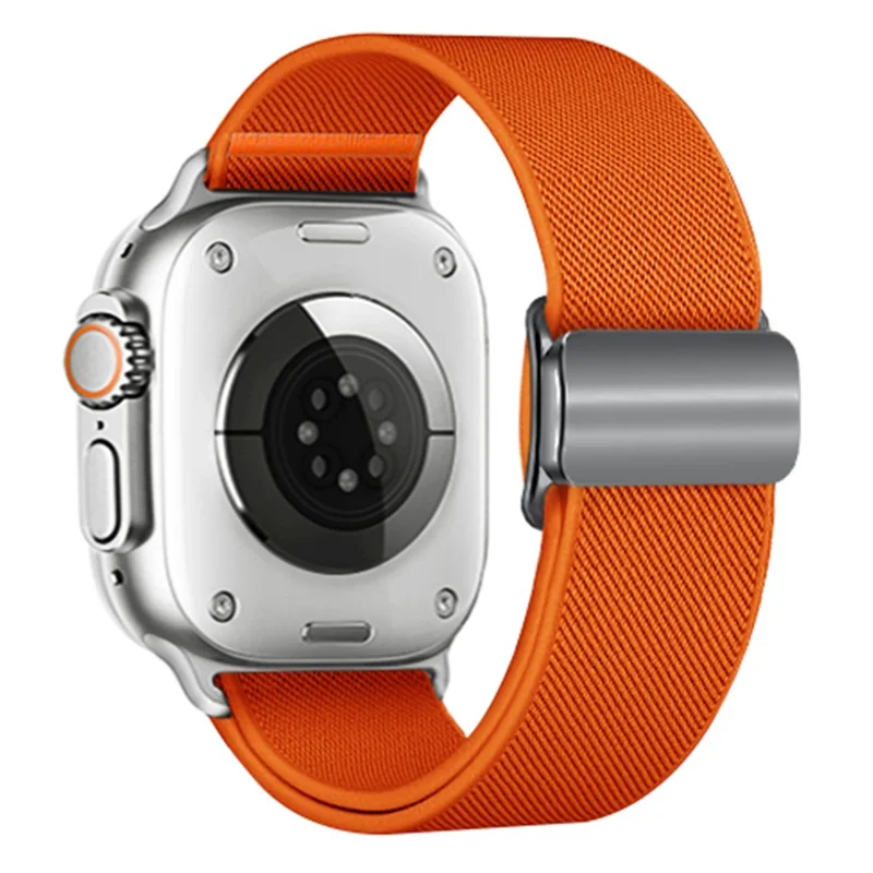 Magnetic Nylon Band for Apple Watch Ultra 3 2 1 49mm  /  Series 11 10 46mm  /  9 8 7 45mm  /  SE3 SE2 SE 6 5 4 44mm  /  3 2 1 42mm Adjustable Elastic Watch Strap - Orange