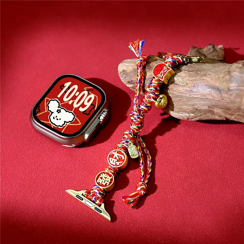 Chinese New Year Braided Strap for Apple Watch Series 11 10 42mm  /  9 8 7 41mm  /  SE3 SE2 SE 6 5 4 40mm  /  3 2 1 38mm Watch Band with Charms - Fortune Cat