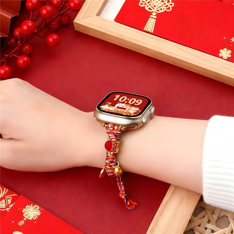Chinese New Year Braided Strap for Apple Watch Series 11 10 42mm  /  9 8 7 41mm  /  SE3 SE2 SE 6 5 4 40mm  /  3 2 1 38mm Watch Band with Charms - Fortune Cat