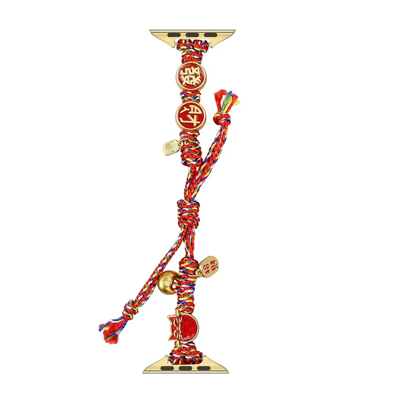 Chinese New Year Braided Strap for Apple Watch Ultra 3 2 1 49mm  /  Series 11 10 46mm  /  9 8 7 45mm  /  SE3 SE2 SE 6 5 4 44mm  /  3 2 1 42mm Watch Band with Charms - Fortune Cat