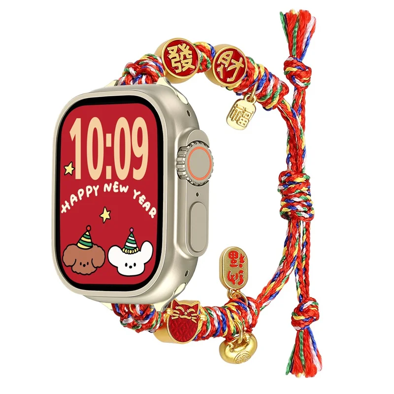 Chinese New Year Braided Strap for Apple Watch Ultra 3 2 1 49mm  /  Series 11 10 46mm  /  9 8 7 45mm  /  SE3 SE2 SE 6 5 4 44mm  /  3 2 1 42mm Watch Band with Charms - Fortune Cat
