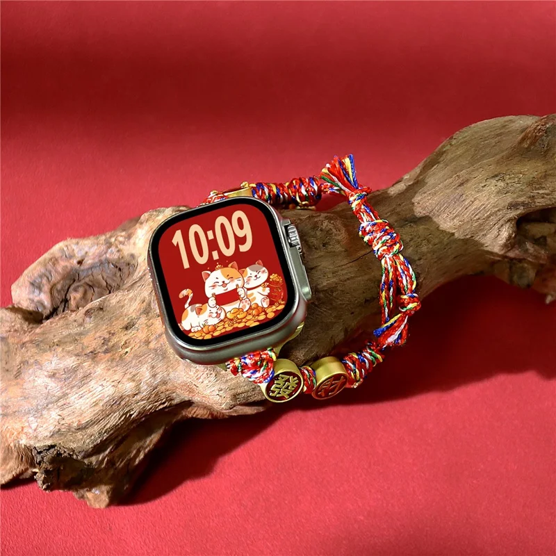 Chinese New Year Braided Strap for Apple Watch Ultra 3 2 1 49mm  /  Series 11 10 46mm  /  9 8 7 45mm  /  SE3 SE2 SE 6 5 4 44mm  /  3 2 1 42mm Watch Band with Charms - Fortune Cat