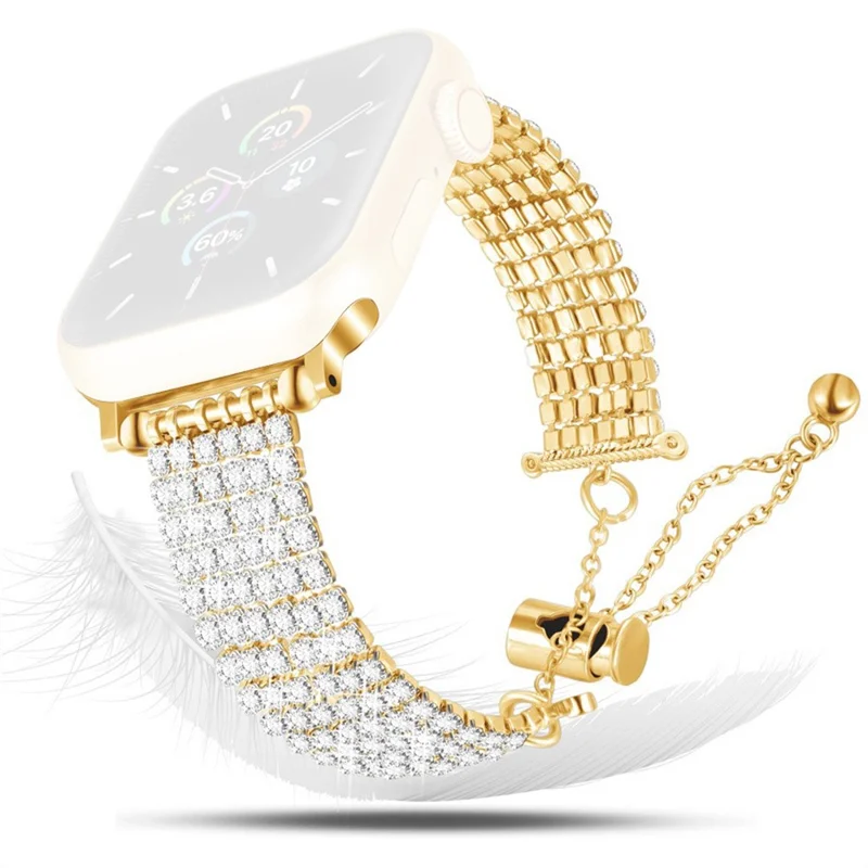 Strass-Dekor Metallarmband für Apple Watch Series 11 10 42 mm / 9 8 7 41 mm / SE3 SE2 SE 6 5 4 40 mm / 3 2 1 38 mm, Zugband-verstellbares Armband – Gold