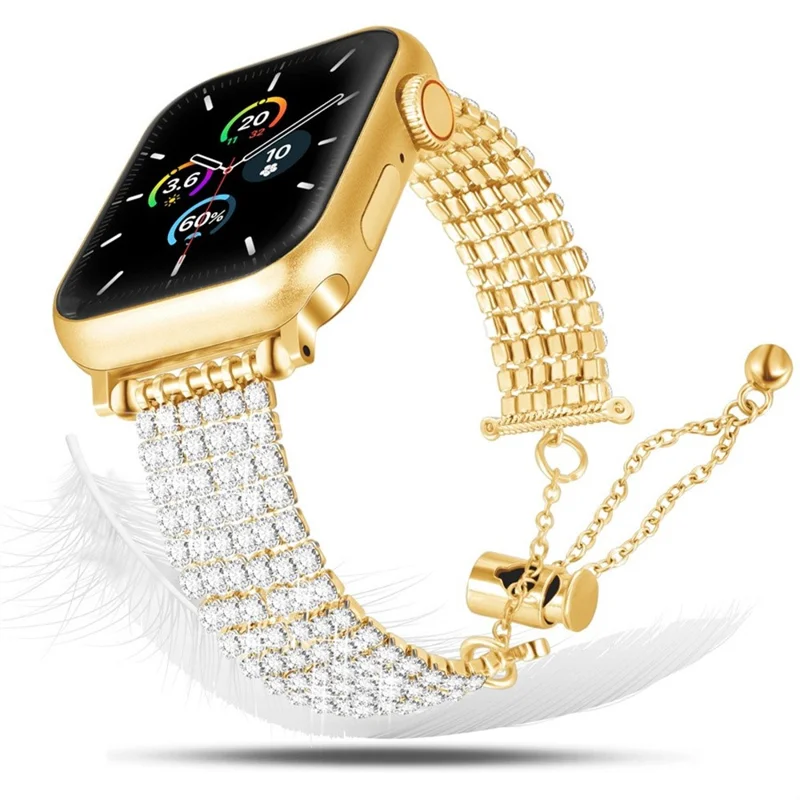 Strass-Dekor Metallarmband für Apple Watch Series 11 10 42 mm / 9 8 7 41 mm / SE3 SE2 SE 6 5 4 40 mm / 3 2 1 38 mm, Zugband-verstellbares Armband – Gold