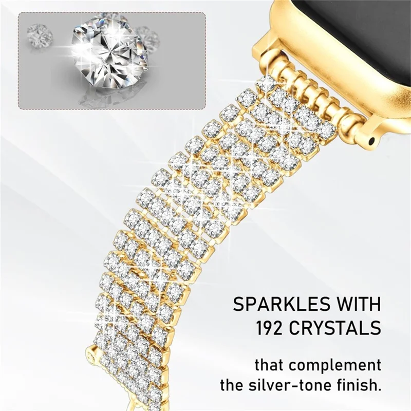 Strass-Dekor Metallarmband für Apple Watch Series 11 10 42 mm / 9 8 7 41 mm / SE3 SE2 SE 6 5 4 40 mm / 3 2 1 38 mm, Zugband-verstellbares Armband – Gold