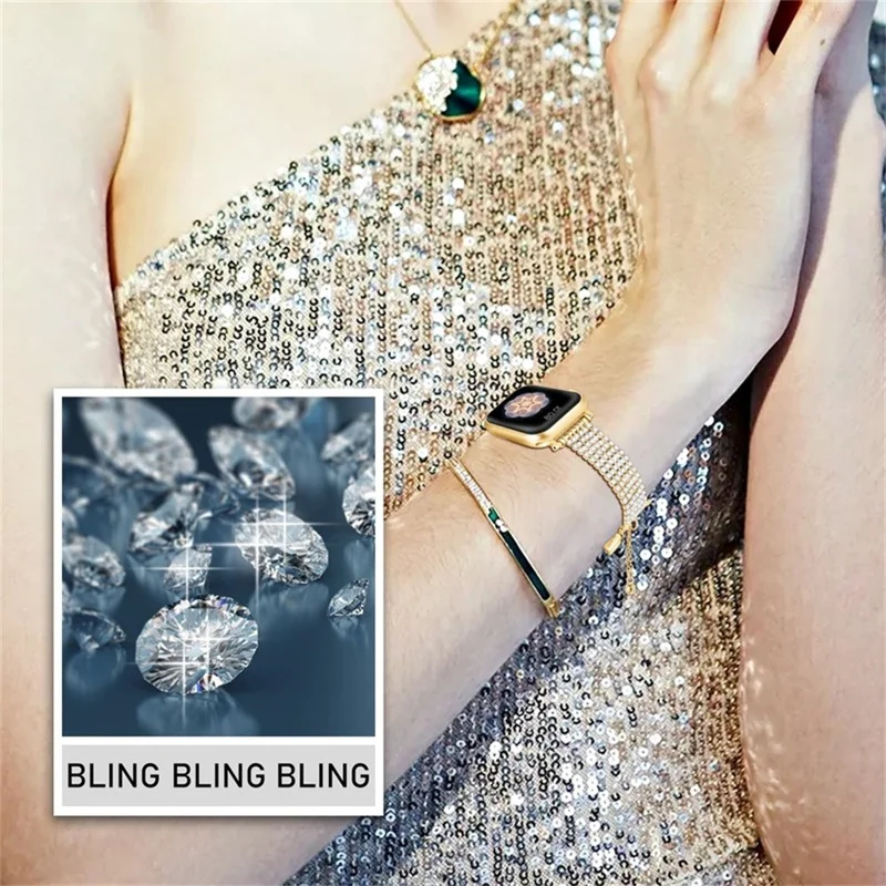 Strass-Dekor Metallarmband für Apple Watch Series 11 10 42 mm / 9 8 7 41 mm / SE3 SE2 SE 6 5 4 40 mm / 3 2 1 38 mm, Zugband-verstellbares Armband – Gold